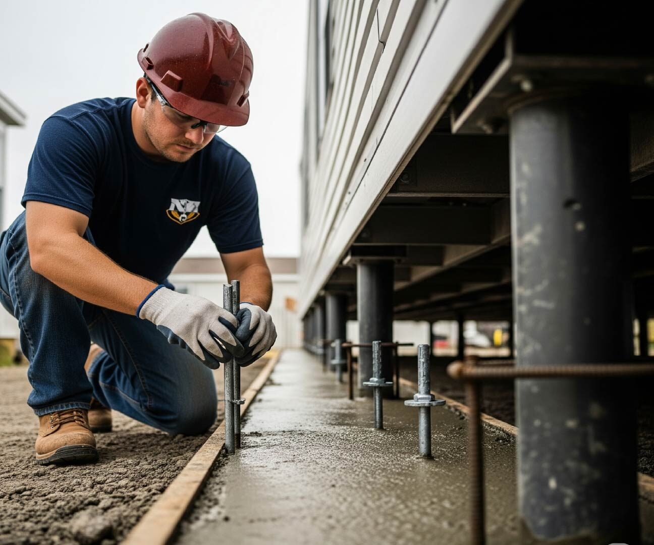 contractor installing concrete anchoring system for a mobile home foundation 2