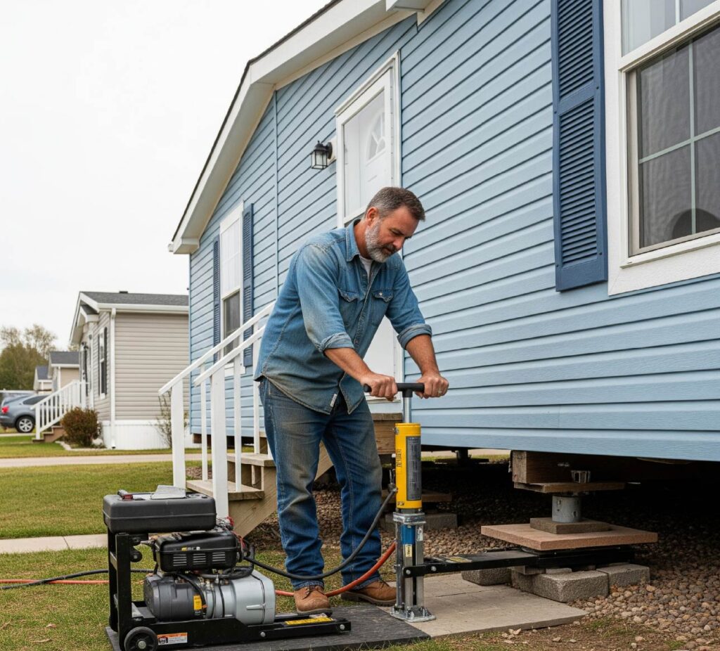 contractor providing home leveling service on a manufactured home