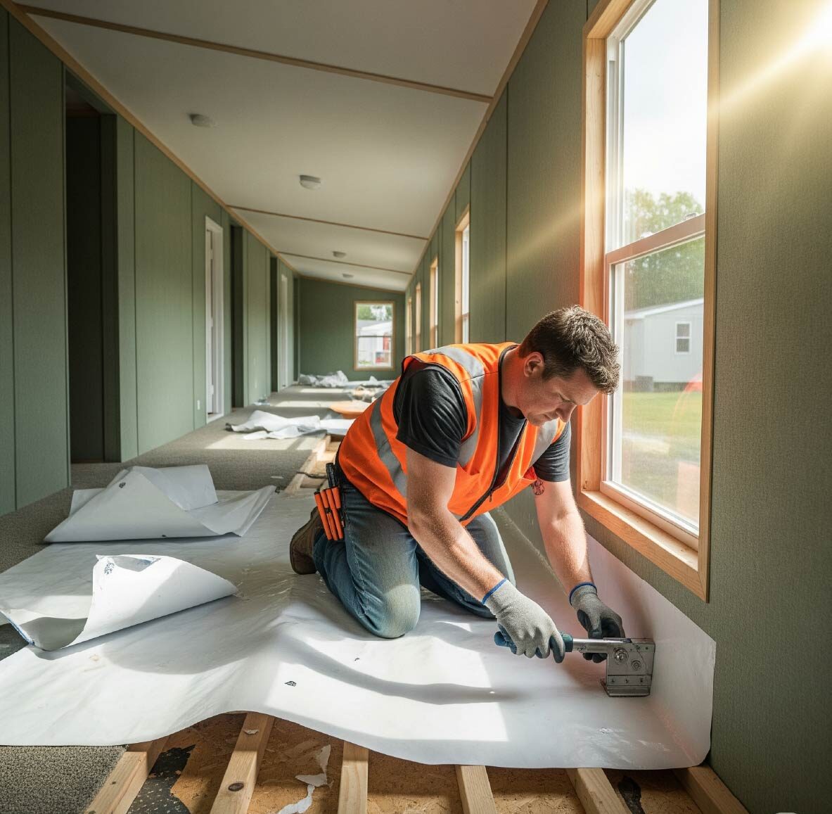 contractor replacing a manufactured home's moisture barrier 3