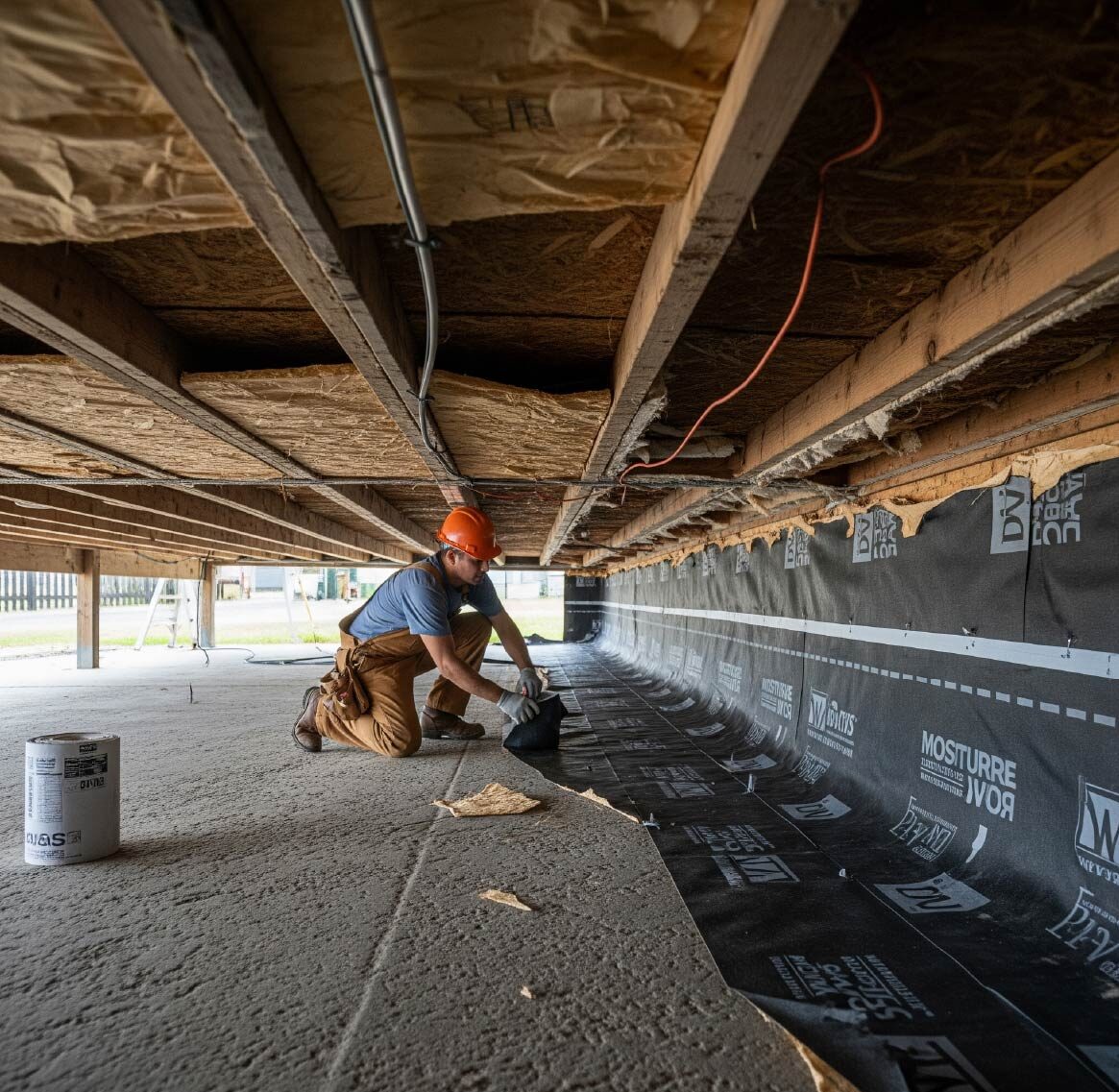 contractor replacing a manufactured home's moisture barrier